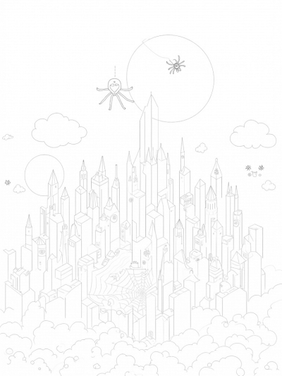 Cityscape with Skyscrapers and Spider Webs