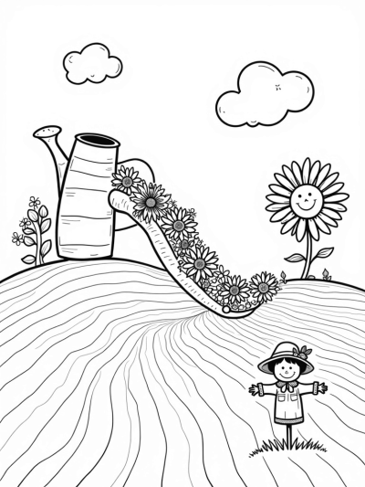 Giant Watering Can and Cheerful Insects on a Farm