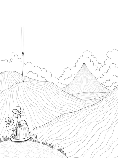 Surreal Patchwork Landscape with Sewing Needles and a Paint River