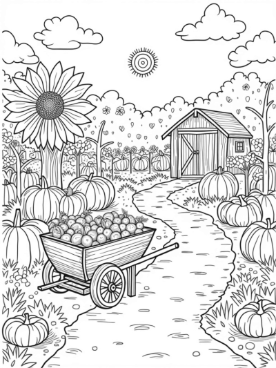 Patchwork Field with Giant Vegetables and a Rustic Barn