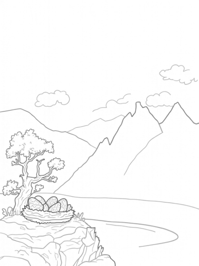 Mystical Mountain Range with Dragon Scales and Eggs