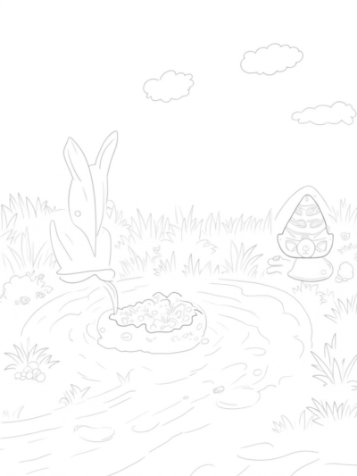 Whimsical Garden with Giant Eggs and Bunny Statue