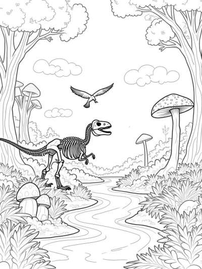 Prehistoric Jungle with Dinosaurs and Fossils