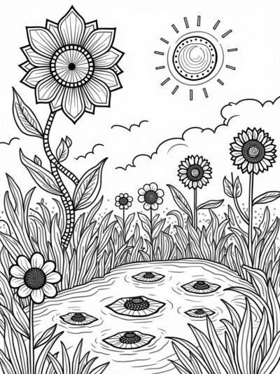 Geometric Flower Meadow with Floral Clock