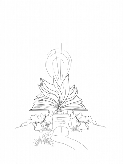 Open Book on a Pedestal with a Colorful Garden