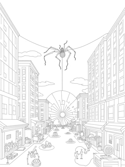 Cityscape with Skyscrapers and a Giant Spider