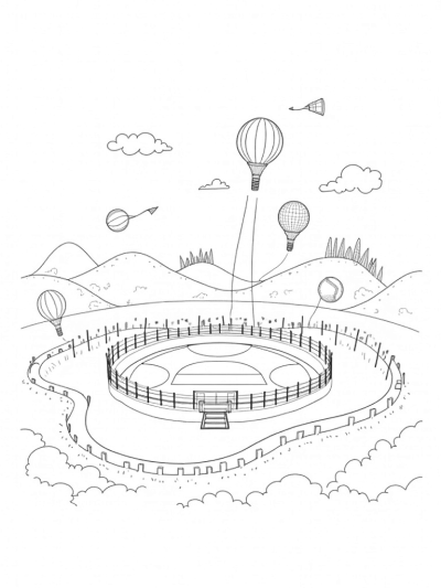 Giant Basketball Arena with Flying Kites and Sport Balls
