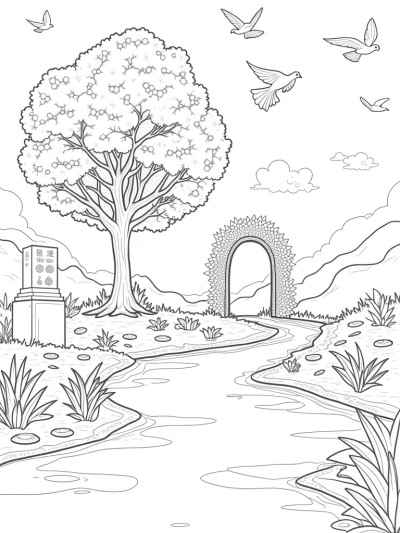 Serene Garden with a Majestic Tree and Flowing River