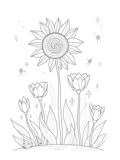 Oversized Flowers in a Spiral Garden