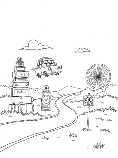 Flying Car with Colorful Balloons and Flower Gas Pumps