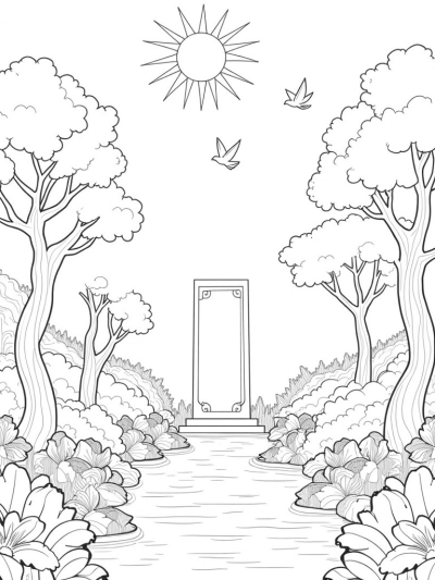 Tranquil Garden with Stone Tablet and Soaring Doves
