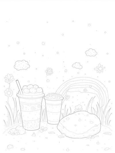 Boba Tea Garden with Colorful Cups and Tapioca Clouds