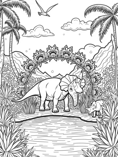 Brontosaurus and Triceratops in a Prehistoric Jungle