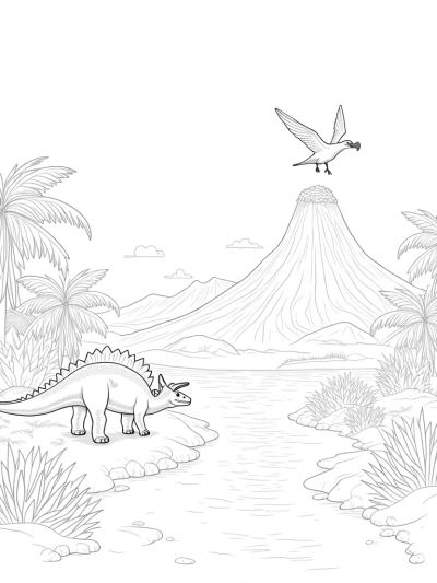 Prehistoric Jungle with Stegosaurus and Teapot Volcano