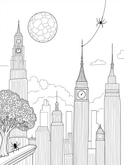 Cityscape with Spider-Shaped Clock and Cherry Blossoms