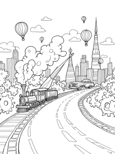 Whimsical Cityscape with Gears, Trains, and Balloons