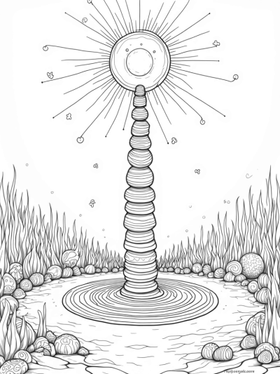 Cosmic Garden with Floating Orbs and Spiraling Column