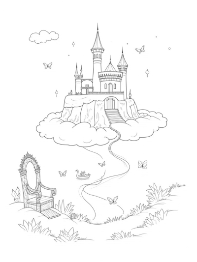 Floating Castle with Crystal Staircase and Whimsical Throne