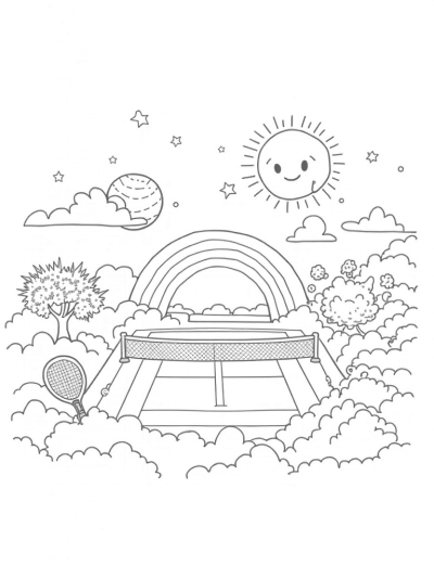 Cloudy Tennis Court with Rainbow Net and Floating Balls