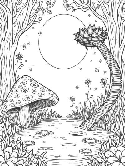 Moonlit Forest Glade with Giant Mushroom Table