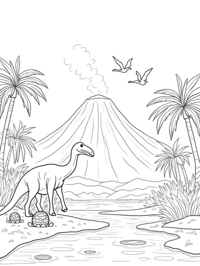 Prehistoric Jungle with Dinosaurs and a Volcano