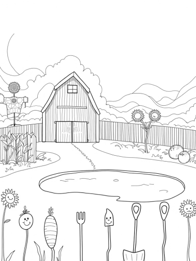 Tranquil Farm Landscape with Whimsical Barn and Colorful Scarecrow