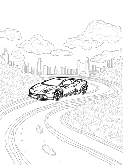Sleek Lamborghini on a Winding Racetrack in a Futuristic City