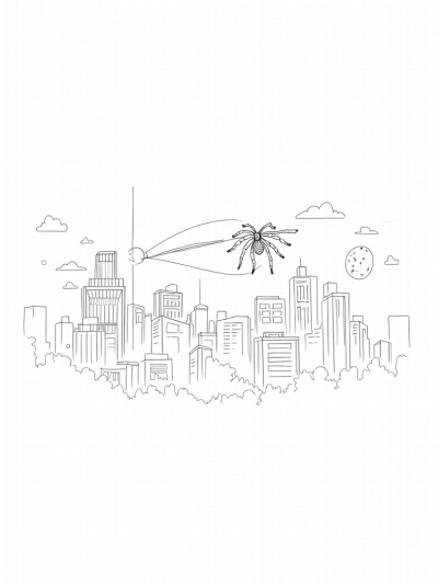 Urban Skyline with Spider Webs and Comic Panels