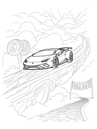 Lamborghini Racing Through a Mechanical Cloudscape