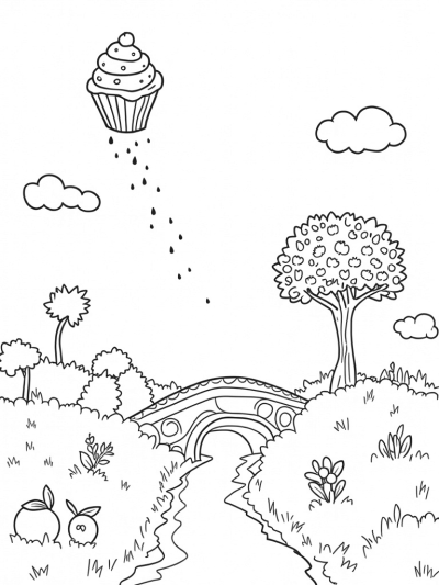 Giant Fruits and Chocolate River in a Whimsical Orchard