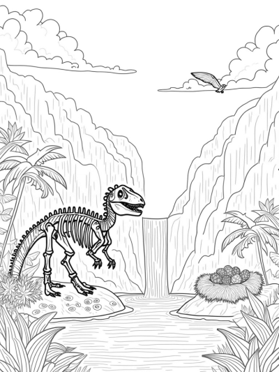 Prehistoric Jungle with Dinosaur Skeleton and Colorful Eggs
