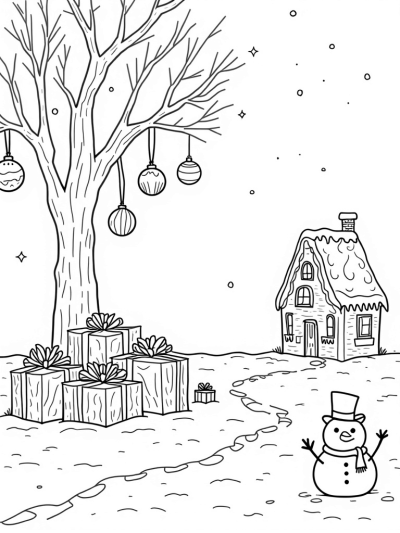 Gingerbread House and Snowman in a Winter Wonderland