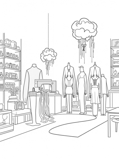 Pastel Fashion Studio with Floating Runway and Giant Sewing Machine