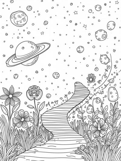 Cosmic Garden with Spiral Staircase and Celestial Orbs
