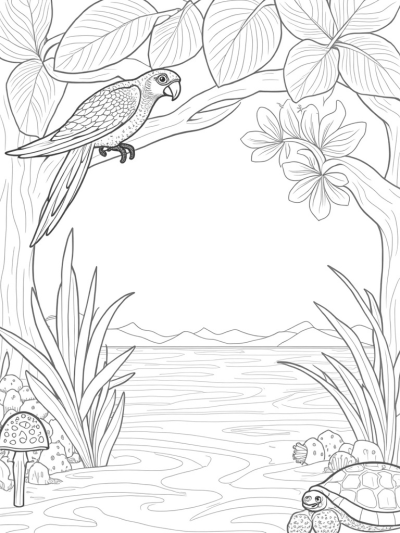 Jungle Canopy with Parrot and Turtle