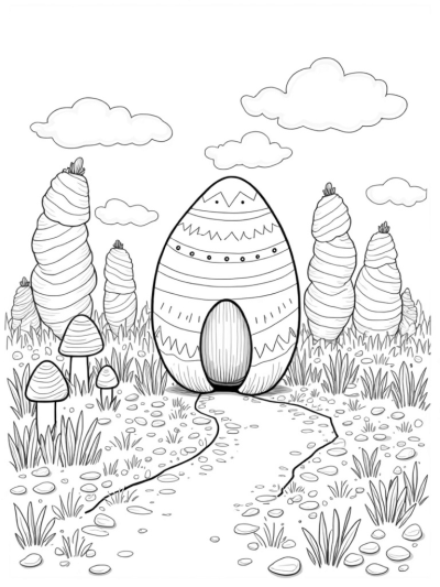 Pastel Egg-Shaped Meadow with a Giant Easter Egg