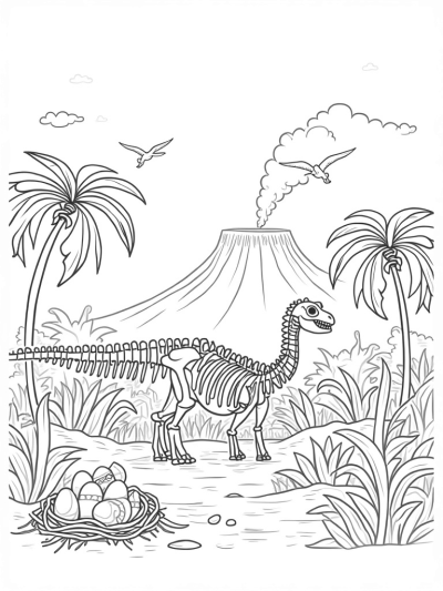 Dinosaur Skeleton in a Prehistoric Jungle