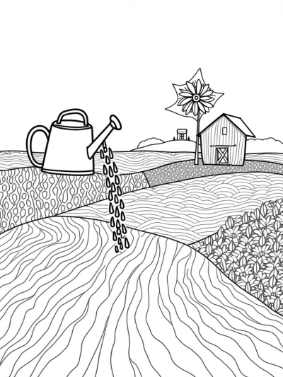 Colorful Patchwork Farm with Giant Watering Can