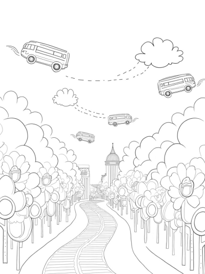 Sky-High Buses and Blooming Flowers Cityscape