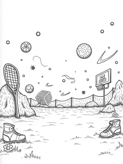 Surreal Sports Arena with Floating Balls and Whimsical Scoreboard