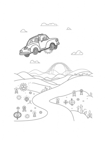 Flying Car with Gears and Colorful Hills