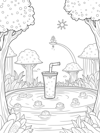 Boba Tea Garden with Tapioca Trees and a Fountain