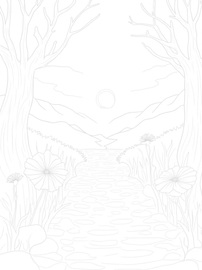 Serene Landscape with Spiraled Trees and Tranquil River