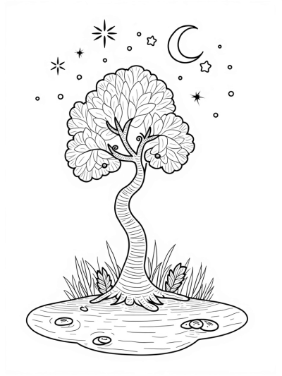 Corkscrew Tree with Whimsical Pond and Moon