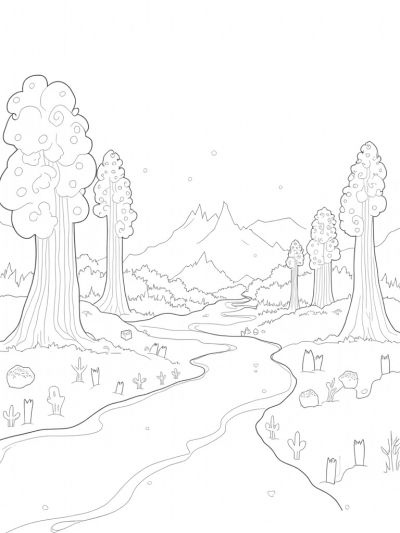 Whimsical Forest with Spiraled Trees and Paint River