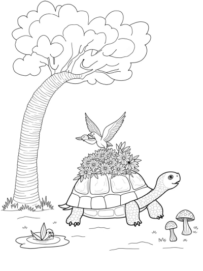 Giant Tortoise with Flower Garden in a Jungle Canopy