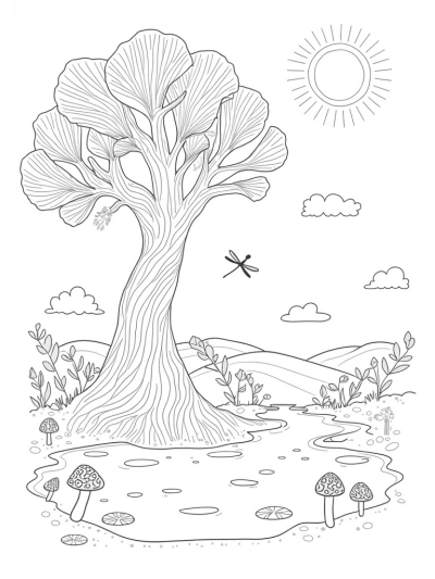 Intertwined Vine Tree with Serene Pond