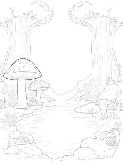Oversized Mushrooms and a Crystal Pond in a Forest Clearing