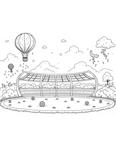 Floating Sports Arena with Tennis Racquets and Soccer Balls