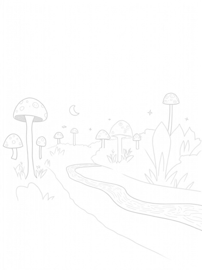 Whimsical Forest with Mushroom Umbrellas and Star Lily Pads